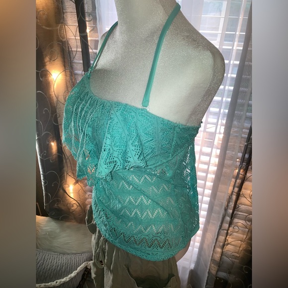 Hula Honey Turquoise Lacey Ruffled Open Back versatile Strap Bikini Top M EUC - Picture 5 of 14